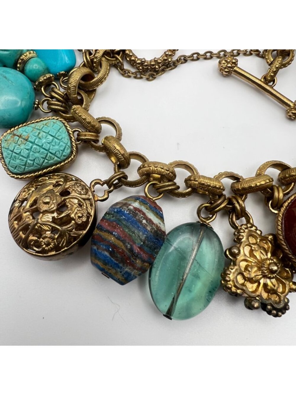 Stephen Dweck Charm Bracelet Vintage Bronze Turquoise Carnelian Gemstone - Picture 7 of 16